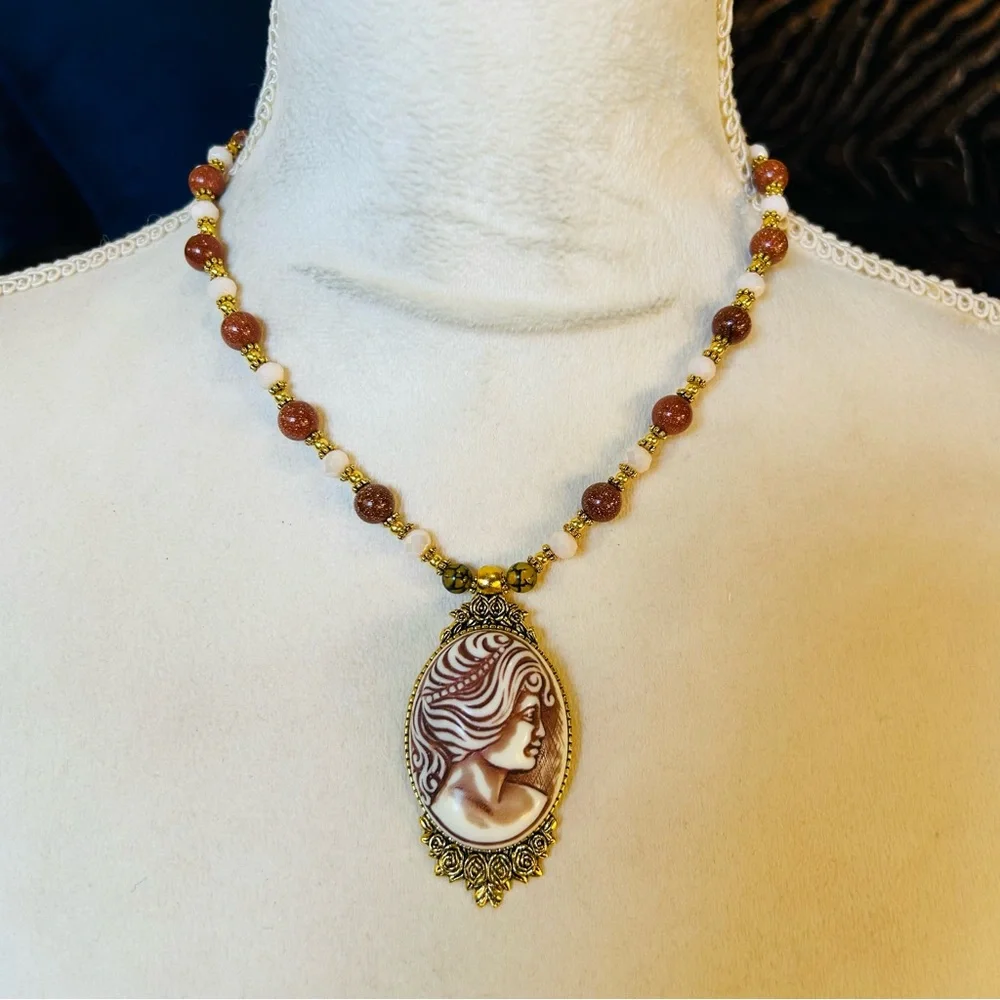 Handcrafted vintage high dome Victorian lady cameo goldstone bead necklace